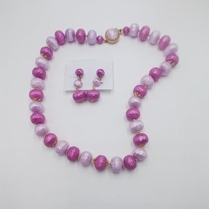1950's  Vintage Japan Pink and Purple Plastic Beaded Necklace and Earrings Jewelry Set