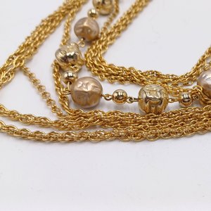Mid Century Gold Tone Multi-strand Necklace and Clip-on Earrings Jewelry Set