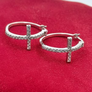 Signed Prime Art and Jewel Sterling Silver and Cubic Zirconia Cross Hoop Earrings