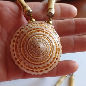 Vintage Signed Miriam Haskell Long Seashell and Bamboo and Wood Statement Necklace