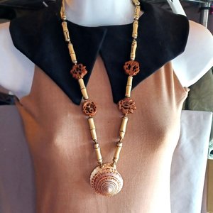 Vintage Signed Miriam Haskell Long Seashell and Bamboo and Wood Statement Necklace