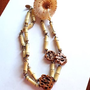 Vintage Signed Miriam Haskell Long Seashell and Bamboo and Wood Statement Necklace