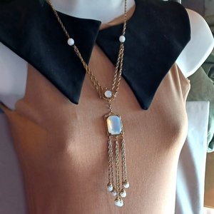 Vintage Gold Tone Milk Glass and Moon Stone Pendant Tassle Necklace