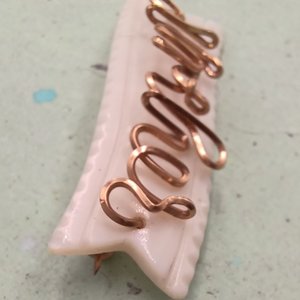 Antique Carved Mother of Pearl Banner  Cursive Wire "Mother" Brooch, Mother's Day Gift