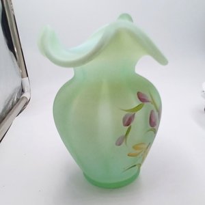 Fenton Green Burmese Hand Painted  Floral Glass Pitcher, Signed, Collectible Glass