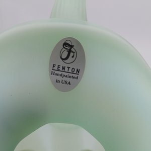 Fenton Green Burmese Hand Painted  Floral Glass Pitcher, Signed, Collectible Glass