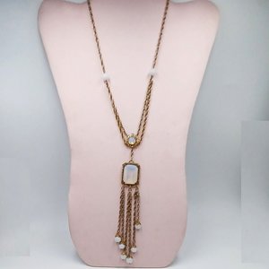 Vintage Gold Tone Milk Glass and Moon Stone Pendant Tassle Necklace