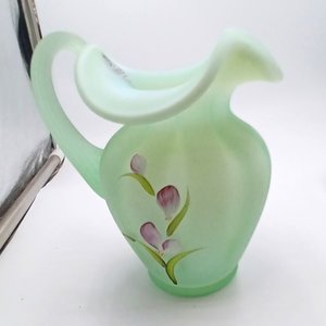Fenton Green Burmese Hand Painted  Floral Glass Pitcher, Signed, Collectible Glass