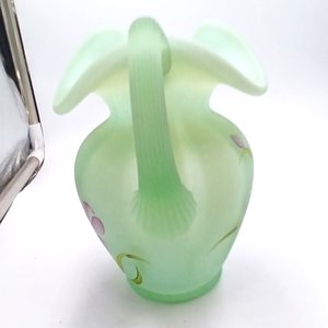 Fenton Green Burmese Hand Painted  Floral Glass Pitcher, Signed, Collectible Glass