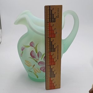 Fenton Green Burmese Hand Painted  Floral Glass Pitcher, Signed, Collectible Glass