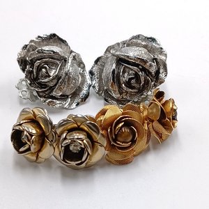 3 Pairs of Gold and Silver Tone Roses Themes Clip-on Earrings