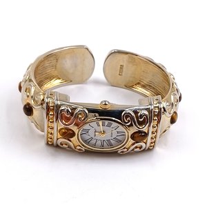 P.O.V. Gold Tone Ladies Clamper Fashion Watch with Tigers Eye, Runs