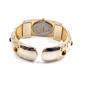 P.O.V. Gold Tone Ladies Clamper Fashion Watch with Tigers Eye, Runs