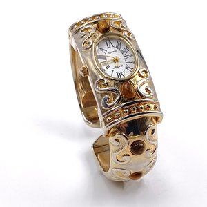 P.O.V. Gold Tone Ladies Clamper Fashion Watch with Tigers Eye, Runs