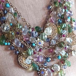Flirty Gold Tone Multi-strand Baubles and Charms Statement Bib Necklace