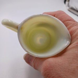 Vintage Uranium Custard Glass Souvenir Toothpick holder/Creamer, Bryan Mercantile Prairie City, Ia.