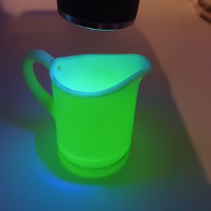 Vintage Uranium Custard Glass Souvenir Toothpick holder/Creamer, Bryan Mercantile Prairie City, Ia.