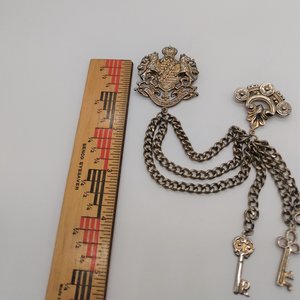 Vintage Gold Tone Providentiae Memor Lion Crown Keys Chain Double Brooch