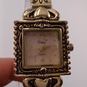 Vivani, Gold Tone Claddagh Ornate Ladies Quartz Clamper Wrist Watch