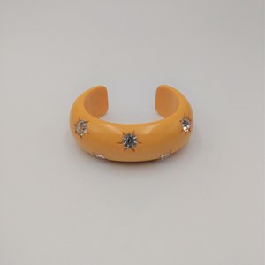 Butterscotch Bakelite and Rhinestones Open Cuff Bracelet and Screw Back Earrings Jewelry Set
