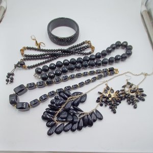 Collection of Vintage Black Costume Jewelry- 7 items, Jewelry Lot