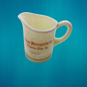 Vintage Uranium Custard Glass Souvenir Toothpick holder/Creamer, Bryan Mercantile Prairie City, Ia.
