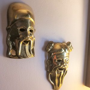 Solid Brass Chinese Confucius Masks Set of 2 Wall Hangings, Vintage Asian Home Decor