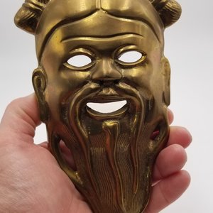 Solid Brass Chinese Confucius Masks Set of 2 Wall Hangings, Vintage Asian Home Decor
