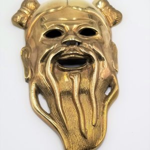 Solid Brass Chinese Confucius Masks Set of 2 Wall Hangings, Vintage Asian Home Decor