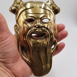 Solid Brass Chinese Confucius Masks Set of 2 Wall Hangings, Vintage Asian Home Decor