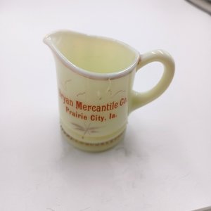 Vintage Uranium Custard Glass Souvenir Toothpick holder/Creamer, Bryan Mercantile Prairie City, Ia.