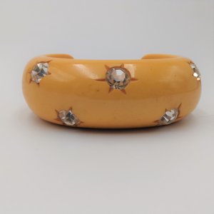 Butterscotch Bakelite and Rhinestones Open Cuff Bracelet and Screw Back Earrings Jewelry Set