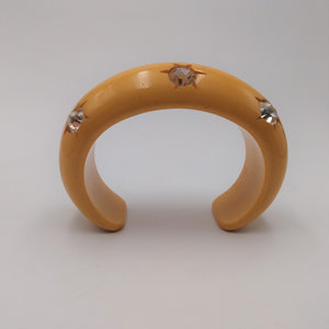 Butterscotch Bakelite and Rhinestones Open Cuff Bracelet and Screw Back Earrings Jewelry Set