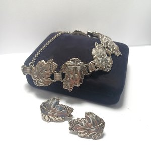 Sterling Silver Grapes and Leaves Motif Panel Bracelet and Earrings Jewelry Set