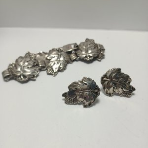Sterling Silver Grapes and Leaves Motif Panel Bracelet and Earrings Jewelry Set