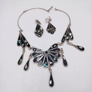 Mexican Alpaca and Abalone Inlay Necklace and Earrings Jewelry Set