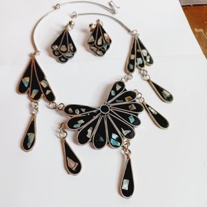 Mexican Alpaca and Abalone Inlay Necklace and Earrings Jewelry Set