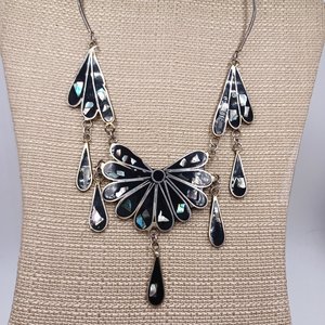 Mexican Alpaca and Abalone Inlay Necklace and Earrings Jewelry Set