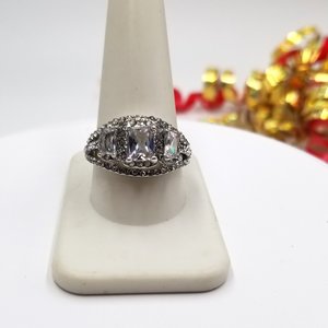 Sparkling Fashion 3 Stone Halo Silver Tone Cubic Zirconia Solitaire Ring, Size 11