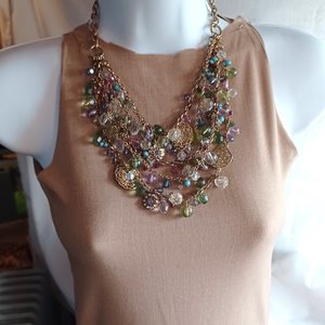 Flirty Gold Tone Multi-strand Baubles and Charms Statement Bib Necklace