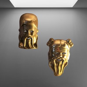 Solid Brass Chinese Confucius Masks Set of 2 Wall Hangings, Vintage Asian Home Decor