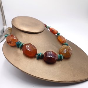 BARSE Chunky Carnelian and Turquoise Sterling Silver Beaded Necklace