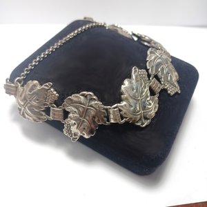 Sterling Silver Grapes and Leaves Motif Panel Bracelet and Earrings Jewelry Set