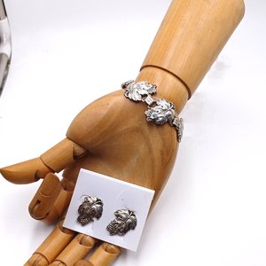 Sterling Silver Grapes and Leaves Motif Panel Bracelet and Earrings Jewelry Set