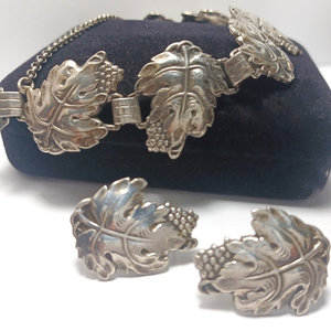 Sterling Silver Grapes and Leaves Motif Panel Bracelet and Earrings Jewelry Set