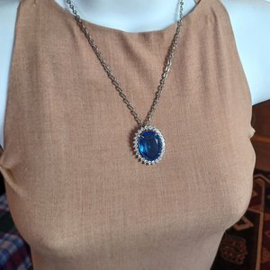 Vintage Rhinestone and Large Blue Glass Jewel Brooch/Pendant
