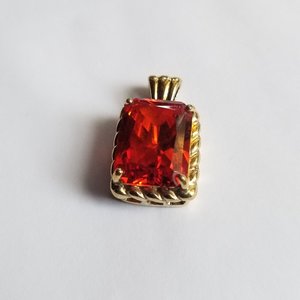 Vintage Emerald Cut Pendant and Chain with Gold Plated Vermeil Finish. Large Orange Cubic Zirconia