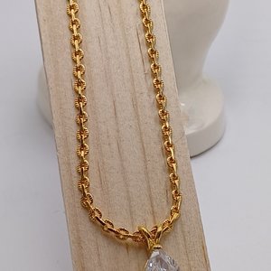 Huge Gold Plated Teardrop Cubic Zirconia Pendant  with a fancy Gold Plated Chain Necklace