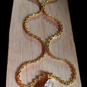 Huge Gold Plated Teardrop Cubic Zirconia Pendant  with a fancy Gold Plated Chain Necklace