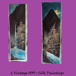 Stunning Japanese Hand Painted on Silk Rectangular Paintings-Circa 1950's- Un Framed